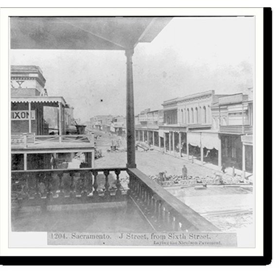 Historic Print, Sacramento - J Street from Sixth Street, laying the Nicolson Pavement, 18" x 24"