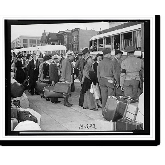 Historic Print, San Francisco (Calif.) evacuation - group of evacuees board motor coaches enroute to railroad station for transfer to Santa Anita Assembly Center, the only group to go f…16" x 20"