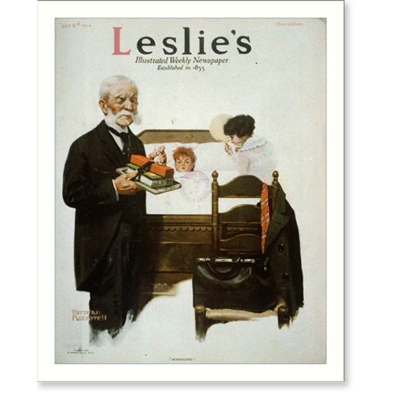 Historic Print, Schoolitis" [small boy in bed; elderly doctor holds school books and winks at viewer]", 18" x 24"