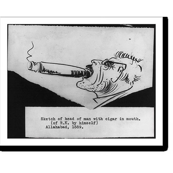 Historic Print, [Self-portrait caricature by Rudyard Kipling, 1889. Sketch of head of man with cigar in mouth], 16" x 20"