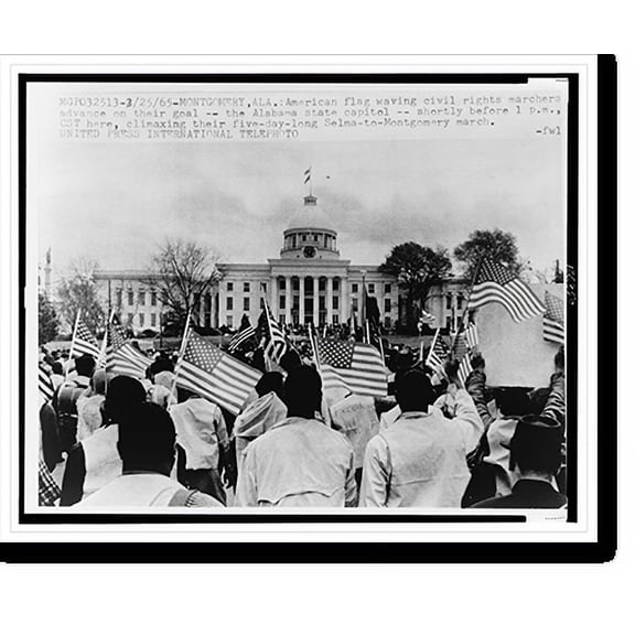 Historic Print, [Selma to Montgomery marchers wave American flags in front of the Alabama State Capitol at the end of their 5 day march], 16" x 20"