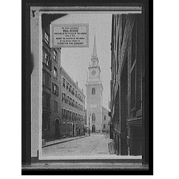 Historic Print, Signal lanterns of Paul Revere displayed in the steeple of this church, April 18, 1775, warned the country of the march. to. Concord, 16" x 20"