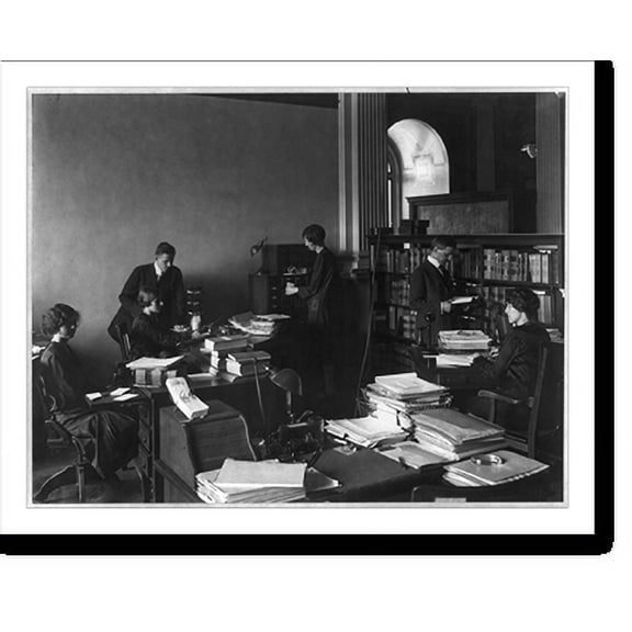 Historic Print, [Six people working in the Legislative Reference Service of the Library of Congress. View in old wing before rebuilding for Union Catalog. Dr. Bernard is shown on the right], 16" x 20"