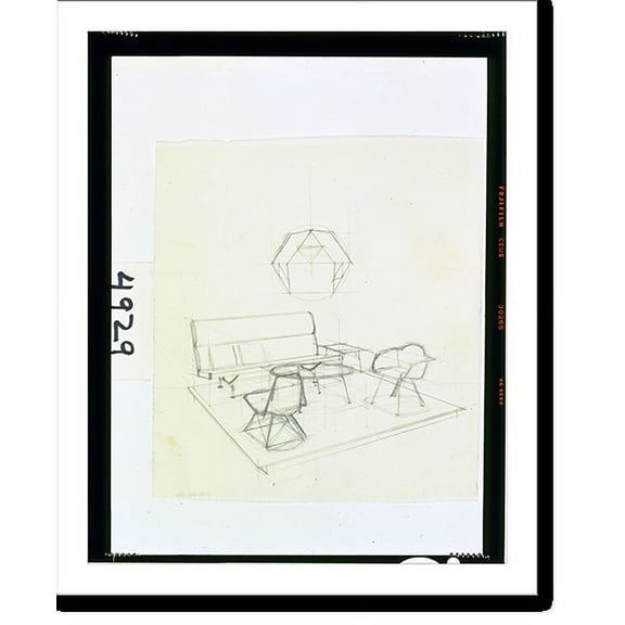 Historic Print, [Sketch of Herman Miller showroom with Eames furniture and hanging polyhedron] - 2, 18" x 24"
