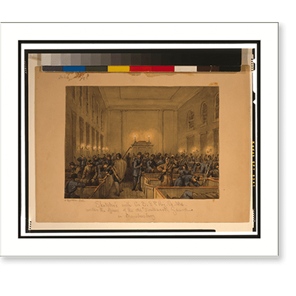 Historic Print, Sketches with Co B. 8th Reg. Pa. Ma. under the officers of the Old Southwark Gaurd [sic] in Chambersburg.J. Queen del., 18" x 24"
