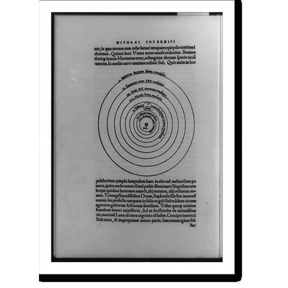 Historic Print, [Solar system diagram with seven planets in circular orbits, the earth as number V, Telluris; and surrounding text], 16" x 20"