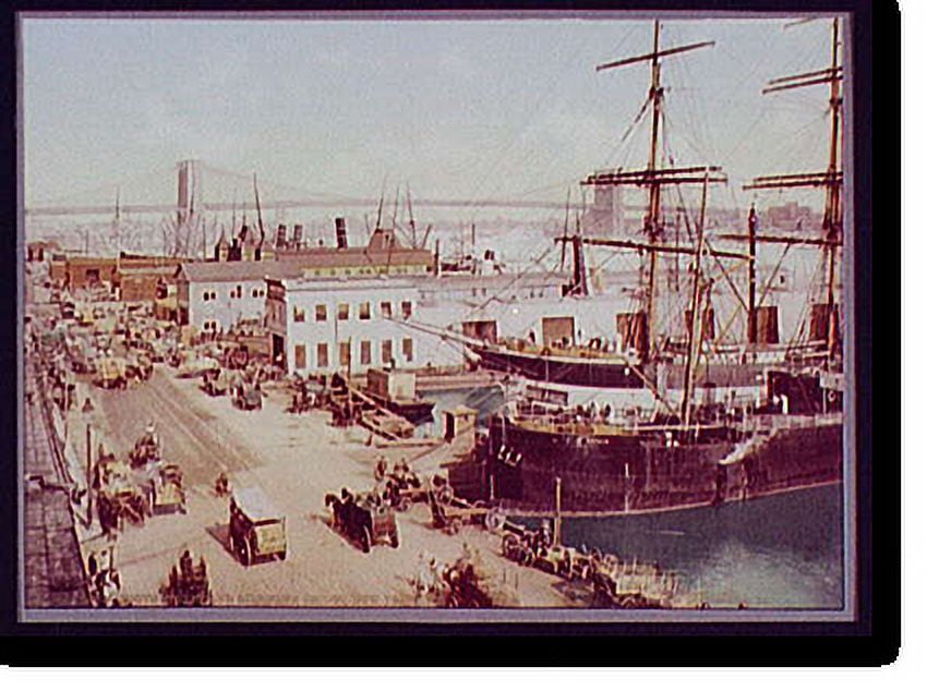Historic Print, South Street and Brooklyn Bridge, New York City, 16" x