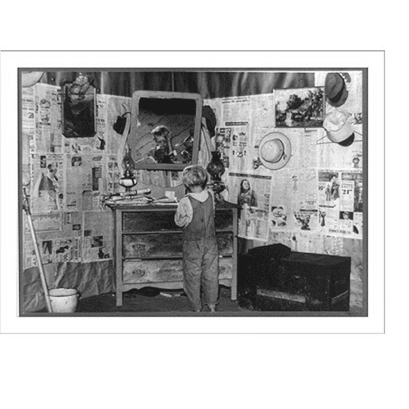 Historic Print, Southeast Missouri Farms. Son of sharecropper combing hair in bedroom of shack, 18" x 24"