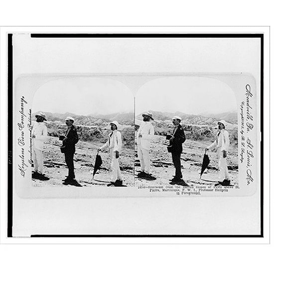Historic Print, Southeast from the barren slopes of Pelée above St. Pierre Martinique F.W.I. Professor Heilprin in foreground, 16" x 20"