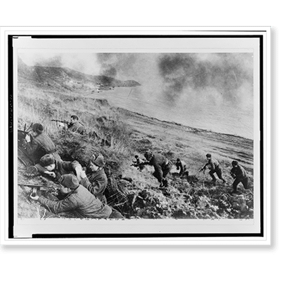 Historic Print, [Soviet soldiers fighting their way up a hill from a beach; in foreground a female(?) medic bandages the arm of an injured soldier].Evgenii Khaldei., 18" x 24"