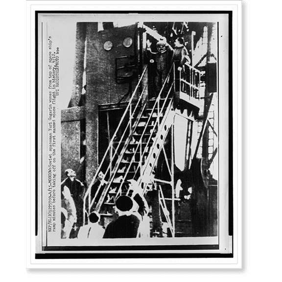 Historic Print, Soviet spaceman Yuri Gagarin waves from top of space ship's ramp minutes before taking off on the first manned space flight in history, 4/12, 18" x 24"
