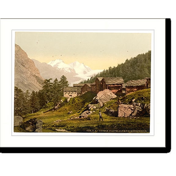 Historic Print, Staffel Alp and Rimpfischhorn with chalets Valais Alps of Switzerland, 16" x 20"