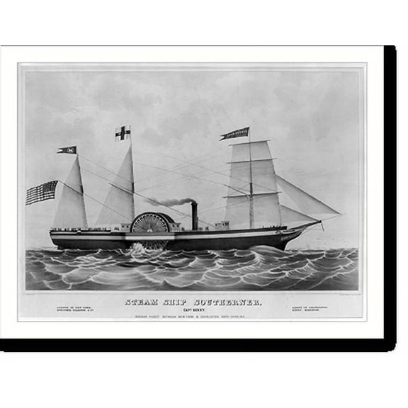 Historic Print, Steam ship Southerner, Capt. Berry. Regular packet between New York & Charleston, South Carolina, 18" x 24"