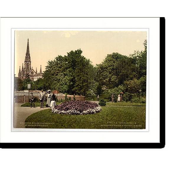 Historic Print, Steinbach Square and protestant church Mulhausen Alsace Lorraine Germany, 18" x 24"