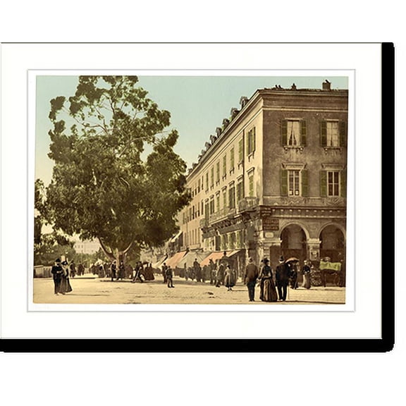 Historic Print, Street scene with people tree commercial buildings possibly in France, 18" x 24"