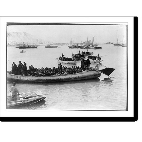Historic Print, String of pontoons in tow of stream launch, approaching landing stage, Chemulpo, 16" x 20"