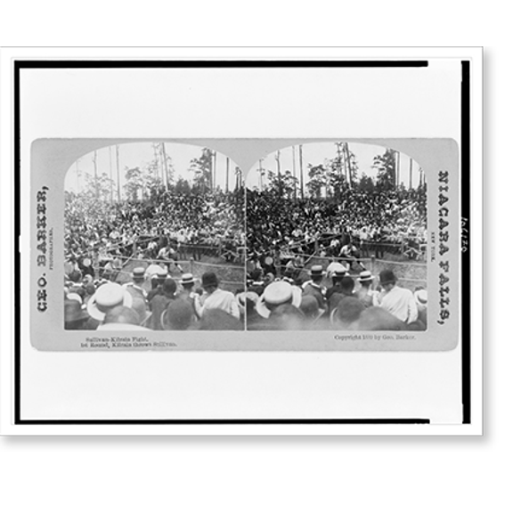 Historic Print, Sullivan-Kilrain fight. 1st round, Kilrain throws Sullivan.Geo. Barker, photographer, Niagara Falls, NY., 16" x 20"