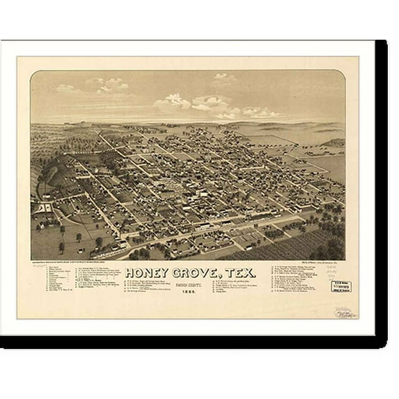 Historic Print, TX Honey Grove 1885 MAP, 16" x 20"