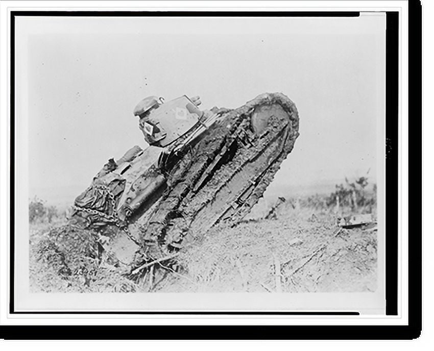 Historic Print, [Tank ploughing its way through a trench and starting
