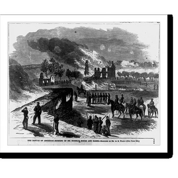 Historic Print, The Battle of Antietam - burning of Mr. Mumma's house and barns, 18" x 24"