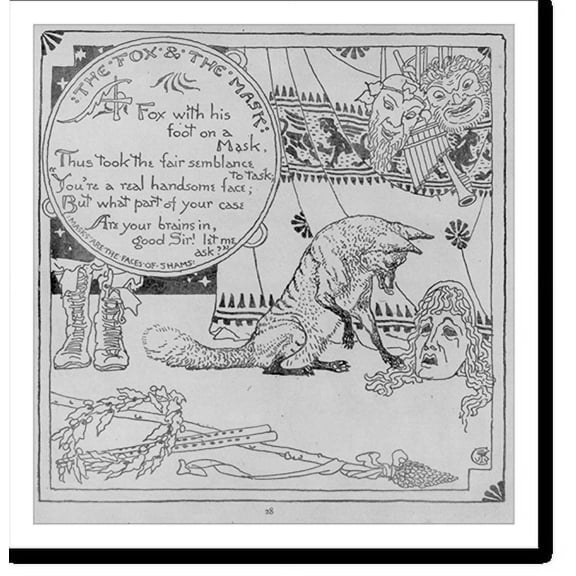 Historic Print, The Fox & the Mask. Fox with his foot on a mask, 16" x 20"