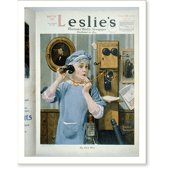 Historic Print, The Party Wire" [woman in apron with feather duster with wall telephone receiver held to ear]", 16" x 20"