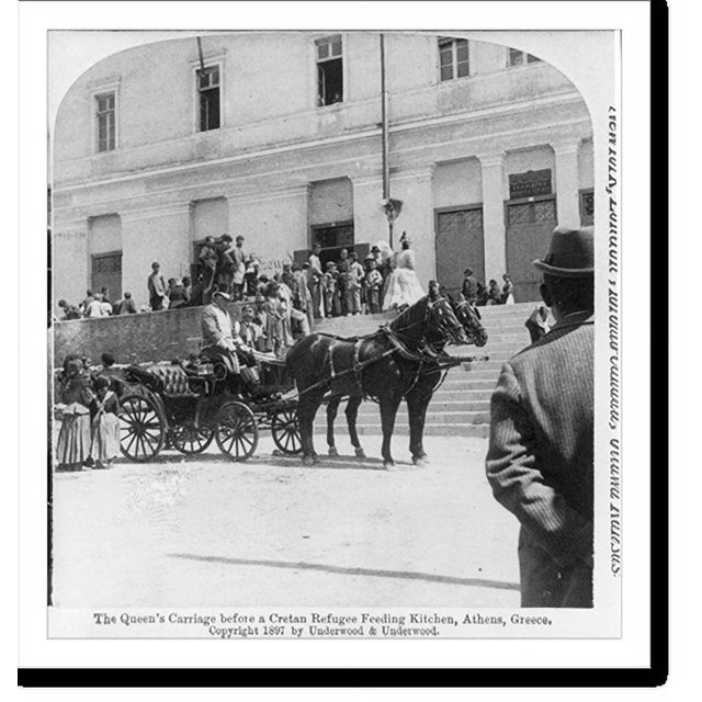 Historic Print, The Queen's carriage before a Cretan refuge feeding