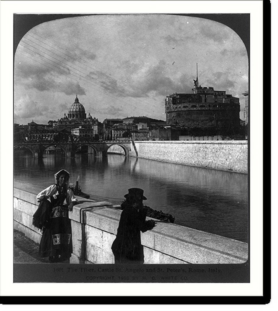 Historic Print, The Tiber, Castle St. Angelo and St. Peter's, Rome, 16" x 20"