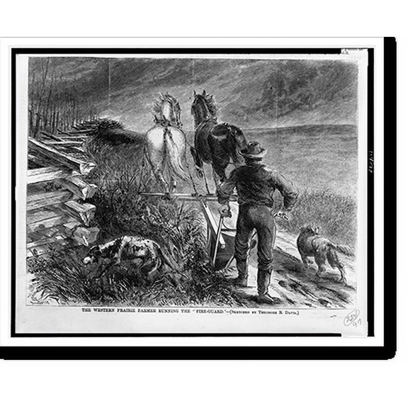 Historic Print, The Western prairie farmer running the fire-guard".sketched by Theodore R. Davis.", 16" x 20"