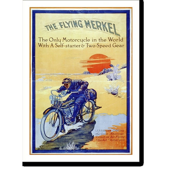 Historic Print, The flying Merkel. J.P. Schantin crossing the great American desert on his flying Merkel motorcycle, 16" x 20"
