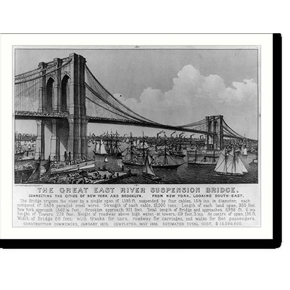 Historic Print, The great East River suspension bridge: connecting the cities of New York and Brooklyn From New York, looking south-east., 16" x 20"