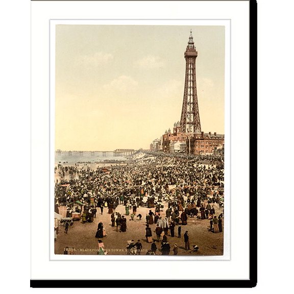 Historic Print, The tower with beach Blackpool England, 16" x 20"