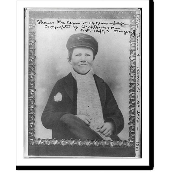 Historic Print, Thomas Alva Edison at 14 years of age, 1/2, seated, facing slightly right, 16" x 20"