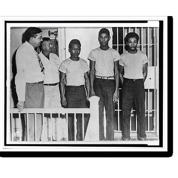 Historic Print, [Three African American men, Walter Irvin, Charles Greenlee, and Samuel Shephard, arrested in Groveland, Florida on rape charge in 1949, standing with two men outside ja...18" x 24"