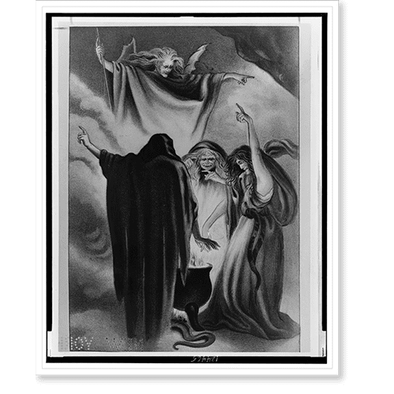 Historic Print, [Three witches standing around a boiling cauldron; above them hovers a devil(?)], 16" x 20"