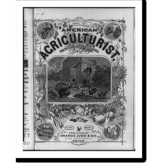 Historic Print, [Title page, April 1871, with scenes of farm animals, implements, and produce], 16" x 20"