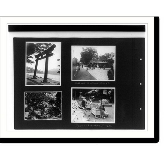 Historic Print, [Torii in front of lake, stalls at Asakusa Temple, statues of children on hillside, pigeons and street vendors at Akakusa Temple, Japan], 16" x 20"