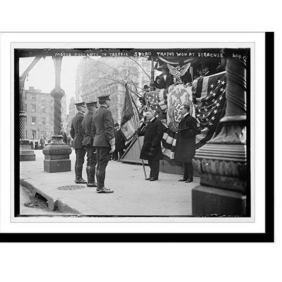 Historic Print, Traffic Squad Parade, Mayor McClellan presents to Traffic Squad trophy won at Syracuse, New York, 18" x 24"