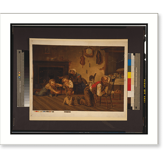 Historic Print, [Two children enjoying the commotion caused at meal time when a dog has chased a cat onto the back of their father].A. Willard., 16" x 20"