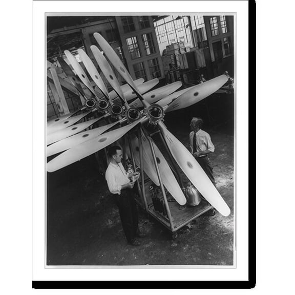 Historic Print, [Two men and row of airplane propellers manufactured by Hamilton Standard Propellers], 18" x 24"