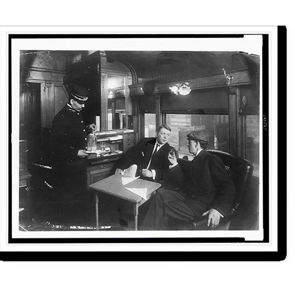 Historic Print, [Two men being served drinks in buffet railroad car], 16" x 20"
