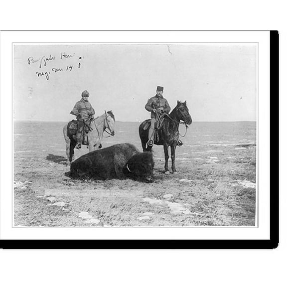 Historic Print, [Two men on horseback with rifles, over dead buffalo], 18" x 24"