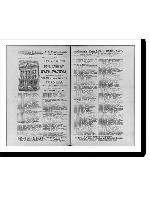 Historic Print, [Two pages from a Cleveland, Ohio, city directory of 1883 listing names from Schmidt to Schneeberger; only illus. is advertisement for Paul Schmidt, wine and cheese deal...18" x 24"