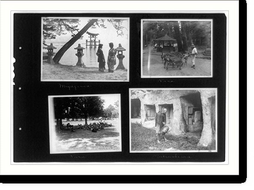 Historic Print, [Two women on shore, Miyajima; man feeding small herd