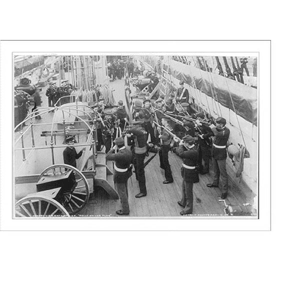 Historic Print, U.S.S. ENTERPRISE: Rally on the Flag" [members of crew pointing rifles around flag on deck]", 18" x 24"