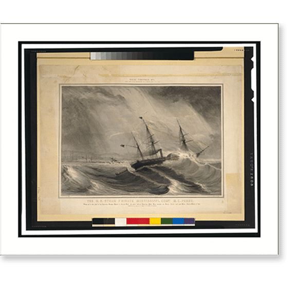 Historic Print, The U.S. Steam Frigate Mississippi, Com..re M.C. Perry. Going out to the relief of the American steamer Hunter a French bark [her prize] and an American pilot boat wreck…16" x 20"