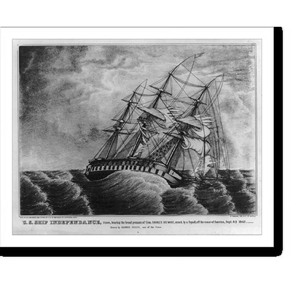 Historic Print, U.S. ship Independance, razee, bearing the broad pennant of Com. Charles Stewart, struck by a squall, off the coast of America, Sept. 8th 1842. Drawn by George Filley, o…16" x 20"