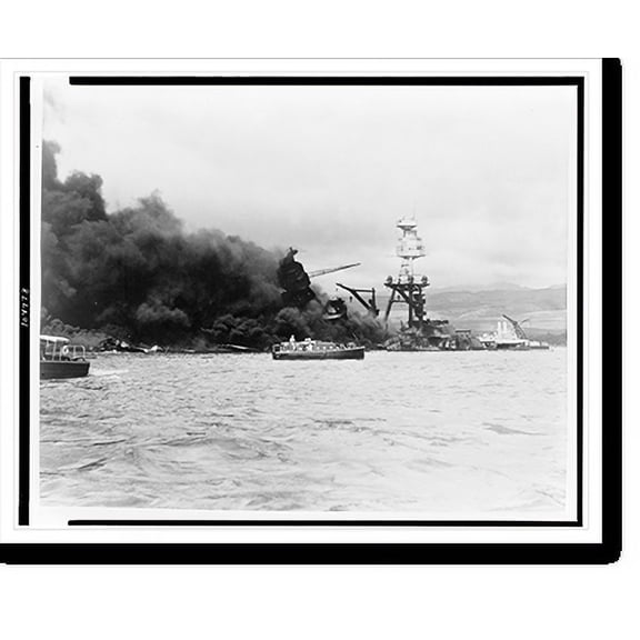 Historic Print, USS Arizona, at height of fire, following Japanese aerial attack on Pearl Harbor, Hawaii, 16" x 20"