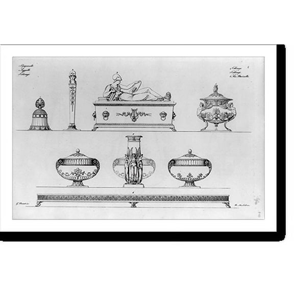 Historic Print, [Urns, pillar with bust of Hermes, sarcophagus with Athena and owl, and low table].G. Borsato, inv. ; R. Annibale, inc., 16" x 20"