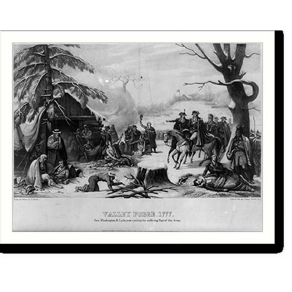 Historic Print, Valley Forge, 1777. Gen. Washington and Lafayette visiting the suffering part of the army.Painted and drawn by A. Gibert; Lith and Publ by P. Haas, Wash. City., 18" x 24"